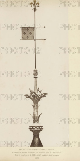 Wind vane of the Tour Jeanne-d'Arc in Rouen, Épi de la Tour Jeanne d'Arc, a Rouen, photograph, page, inscription: 'Exécuté en plomb repussé au marteau by F. Marrou D'après les plans de M. Démarest, architecte du department', name: 'Witz & cie Phot. Rouen', photographer: Witz et Cie., Rouen, 1874, Witz et Cie., photographer, paper, albumen print, height 277 mm x width 130 mm, weather-vane, A tall, vertical metal finial with a decorative fleur-de-lis top, a horizontal crossbar with rounded ends holding a small square banner patterned with repeated stylized floral motifs, a slender shaft leading down to an ornate section resembling sculpted leaves and buds rising from a flared base, and a rounded, beaded collar above a tapered support, all shown against a plain light background.