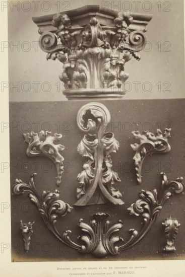 Diverse pièces en plomb et en fer repoussé au martean, Decorative ornaments in lead and iron, depicting a capital and leaf motifs, photograph, page, inscription: 'Composées et exécutées by F. Marrou.', name: 'Witz & cie Phot. Rouen', photographer: Witz et Cie., c. 1874 - in or before 1884, paper, albumen print, height 267 mm x width 176 mm, ornament derived from plant forms, capital (, column, pillar), A photographic display shows a carved architectural capital at the top with ornate acanthus leaves and volutes, resting above a textured backdrop that holds a central vertical ornamental scroll with curled leaf forms and two symmetrical side motifs featuring flowing, stylized foliage; additional decorative foliate elements with curved, layered leaves appear toward the bottom, all rendered in a monochrome tone with subtle surface speckling.
