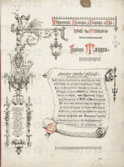 Ferronnerie artistique et plomberie d'art Ferdinand Marrou principaux traveaux excluses : les quatre clocherons en cuivre tortureé pour l'achèvement de la fleche de la cathédrale de Rouen .... etc., book, writer (clerical worker): Ferdinand Marrou, 1884, writer (clerical worker), textile materials, pasteboard, linen (material), paper, albumen print, printing, color on cut, height 300 mm x width 240 mm x thickness 10 mm, A large ornate page with decorative black ink illustrations and red ink accents, featuring a detailed vertical ornamental border on the left with floral scrollwork, a cherub holding a branch perched near the top of an ornate corner bracket, and a hanging ornamental lantern near the upper center. To the right, a partially unrolled scroll with closely spaced horizontal lines and dense handwritten-style marks fills the middle area, its lower edge tied with a wax seal rendered in red and black at the bottom left of the scroll. Various small ornamental motifs, filigree borde...