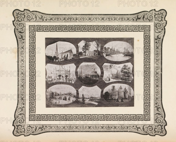Nine views of buildings and bridges in West Dorset, page, photomechanical print, photomontage, inscription: 'St Mary Bridgwater, Bridgwater', cliché maker: anonymous, c. 1868 - in or before 1873, photographer, paper, photoaquatint, height 98 mm x width 123 mm, church (exterior), bridge, exterior, representation of a building, A rectangular ornate printed page rotated on its side showing an inner rectangular panel filled with a grid of small oval and octagonal black-and-white vignette illustrations, each depicting architectural scenes and landscapes, surrounded by a wide decorative border with repeating geometric meander patterns and elaborate corner scrollwork and foliate designs, all rendered in black ink on aged cream-colored paper.