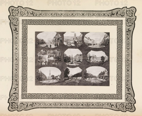 Nine views of West Dorset town streets, page, photomechanical print, photomontage, inscription: 'East Beach, Taunton, High St. Taunton', cliché maker: anonymous, c. 1868 - in or before 1873, photographer, paper, photoaquatint, height 91 mm x width 125 mm, street, church (exterior), exterior, representation of a building, A rectangular sheet with an ornate decorative border featuring scrollwork in the corners and a repeating geometric pattern along the inner edge surrounds a central panel containing a grid of oval vignette photographs depicting streets, buildings, bridges, waterfront scenes, and architectural facades. The border has dark intricate flourishes against a light background and parallel lined shading in the corner decorations. The central panel contrasts with the pale sheet, showing darker oval images with varied urban and riverside views, including scenes with tree-lined banks, rows of buildings receding into the distance, and a tower or spire visible in one vignette. The ov...