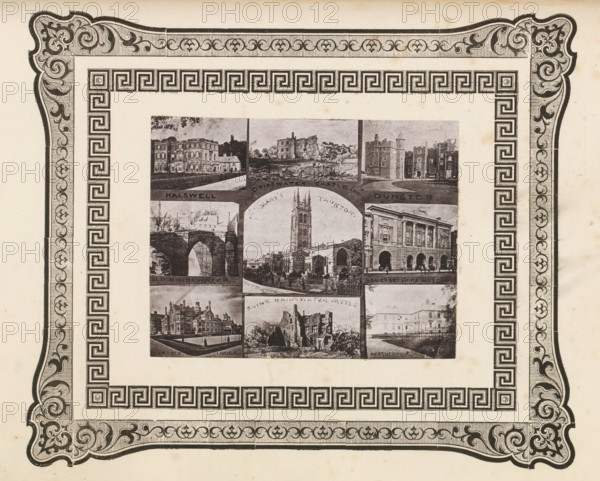 Nine views of buildings and ruins in West Dorset, page, photomechanical print, photomontage, inscription: 'Halswell, Heatherton', cliché maker: anonymous, c. 1868 - in or before 1873, photographer, paper, photoaquatint, height 94 mm x width 121 mm, church (exterior), ruin of a building, architecture, exterior, representation of a building, A rectangular sheet with a decorative printed border featuring ornate scrollwork and a repeating geometric Greek key pattern surrounding a central collage of black-and-white photographic vignettes depicting buildings, bridges, and architectural scenes; the border has thicker ornamental corners with floral and scroll motifs and an inner band of square spiral motifs, while the central panel contains several small rectangular photographic images arranged together showing various façades, towers, archways, and waterfront views rendered in a monochrome, slightly faded print.