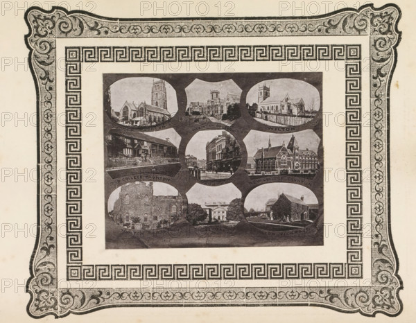 Nine views of buildings in West Dorset, page, photomechanical print, photomontage, inscription: 'S James Taunton, Taunton Vicarace', cliché maker: anonymous, c. 1868 - in or before 1873, photographer, paper, photoaquatint, height 100 mm x width 125 mm, church (exterior), exterior, representation of a building, A rectangular printed page oriented sideways with an ornate decorative border featuring scrollwork and a repeated geometric key pattern framing a central area that contains a dark rectangular panel filled with a collage of oval and shield-shaped photographic vignettes showing buildings and streets in monochrome tones.