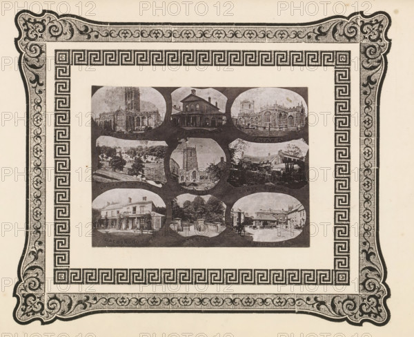 Nine views of buildings in West Dorset, page, photomechanical print, photomontage, inscription: 'Ilminster, Ilminster', cliché maker: anonymous, c. 1868 - in or before 1873, photographer, paper, photoaquatint, height 91 mm x width 124 mm, church (exterior), exterior, representation of a building, A printed page with an ornate rectangular border featuring a repeating geometric meander pattern and decorative corner flourishes, inside which a central rectangular panel contains a grid of oval photographic vignettes showing various buildings and landscapes in monochrome tones.
