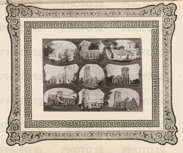 Nine views of churches in West Dorset, page, photomechanical print, photomontage, inscription: 'Nynehead, Fits...', cliché maker: anonymous, c. 1868 - in or before 1873, photographer, paper, photoaquatint, height 91 mm x width 125 mm, church (exterior), A rectangular printed page rotated sideways shows a decorative border with ornate scrollwork in the corners and a repeating geometric key pattern along the inner edge; inside the border is a centered rectangular collage of oval and shield-shaped photographic vignettes depicting various buildings and architectural details in a sepia tone, each vignette showing different views of church-like structures, towers, roofs, windows, and surrounding trees set against light backgrounds.