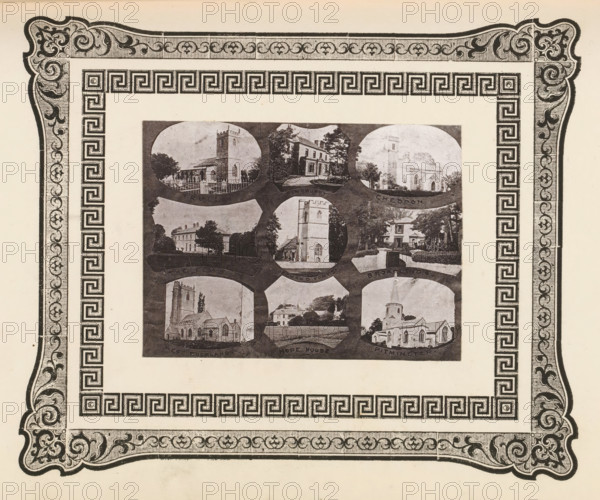 Nine views of churches in West Dorset, page, photomechanical print, photomontage, inscription: 'Trull, Pitminster', cliché maker: anonymous, c. 1868 - in or before 1873, photographer, paper, photoaquatint, height 91 mm x width 123 mm, church (exterior), A rectangular page with an ornate decorative border featuring scrollwork corners and a repeating geometric pattern along the inner edge surrounding a central rectangular collage of oval photographic vignettes depicting exterior views of buildings and trees in monochrome.