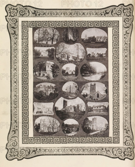 Eighteen views of churches and buildings in West Dorset, page, photomechanical print, photomontage, inscription: 'Corfe, Bradford', cliché maker: anonymous, c. 1868 - in or before 1873, photographer, paper, photoaquatint, height 151 mm x width 106 mm, church (exterior), exterior, representation of a building, A rectangular print with an ornate decorative border featuring swirling floral motifs and a repeating geometric meander pattern encloses a central panel of oval and circular photographs; the photos show various exterior scenes including buildings with towers and steeples, houses and large manor-like structures, tree-lined roads and pathways, a monument among trees, and landscapes with lawns and hedges, all presented in a monochrome sepia tone.