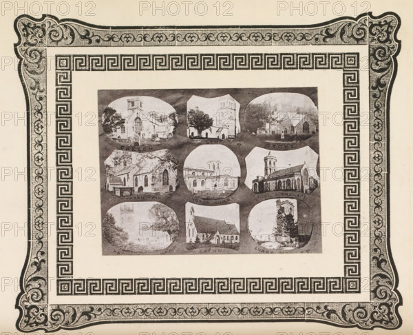 Nine views of churches in West Dorset, page, photomechanical print, photomontage, inscription: 'Creech, Cur...', cliché maker: anonymous, c. 1868 - in or before 1873, photographer, paper, photoaquatint, height 92 mm x width 122 mm, church (exterior), A rectangular page with an ornate decorative border featuring scrollwork and a repeated geometric pattern encloses a centered rectangular panel containing multiple oval and shield-shaped black-and-white photographic vignettes of buildings and landscapes; the border shows intricate corner flourishes and a repeated square-meander motif along the inner edge, while the central panel displays various architectural scenes with trees, rooflines, towers, and facades rendered in grayscale.