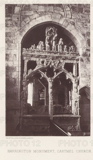 Harrington monument in the Cartmel Priory, Harrington monument, Cartmel church, page, photomechanical print, photographer: Alex Rivington, Cartmel Priory, London, c. 1870 - in or before 1880, paper, heliotype, height 179 mm x width 115 mm, interior of church, monument, statue, Lancashire, Cartmel, A tall stone archway set into a masonry wall surrounds an ornate sculpted canopy with carved columns and decorative arches; beneath the canopy lies a recumbent effigy on a tomb with carved panels, and above the canopy are a series of sculpted figures and ornamental reliefs. The stonework shows dressed blocks with visible joints and weathering, and the canopy features tracery, foliate motifs, and three-arched openings supported by slender columns; inside the openings a dark interior space is visible. The overall image is monochrome, with strong contrasts between light and shadow on the carved surfaces and the surrounding stone, and a narrow section of a wall and a recessed arched opening are v...
