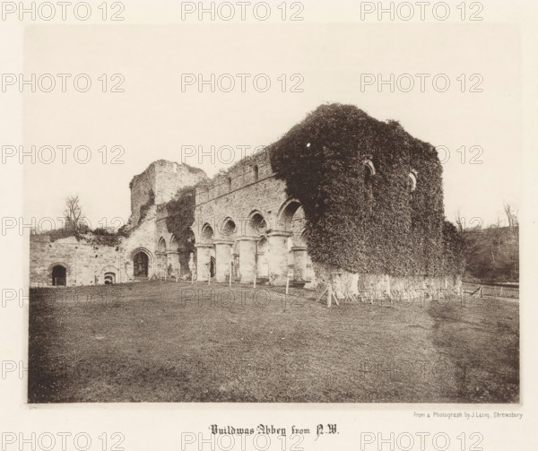Buildwas Abbey from NW, View of the ruins of Buildwas Abbey, page, photomechanical print, photographer: J. Laing, Buildwas, cliché maker: anonymous, c. 1867 - in or before 1877, Cheshire (county), paper, collotype, photogravure, height 150 mm x width 193 mm, Print opposite title page., ruin of church, monastery, Buildwas Abbey, A sepia-toned photograph of a large stone ruin with arched openings along one side and a tall wall almost entirely covered by dense climbing vegetation, set on a grassy foreground with scattered wooden posts and a simple fence visible at the edge, with bare trees and low shrubs around the structure and an expansive pale sky above.