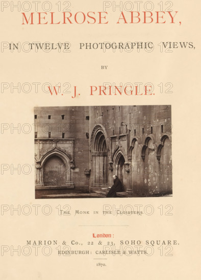Melrose Abbey, in twelve photographic views, book, publisher: Marion & Co, London, publisher: Carlisle & Watts, Edinburgh, 1870, biological material, paper, linen (material), textile materials, leather, albumen print, color on cut, height 286 mm x width 240 mm x thickness 15 mm, A pale paper page with a centered rectangular black-and-white photograph of a stone cloister wall showing arched doorways and carved architectural details, a seated robed figure at the base of the arches, and surrounding masonry with visible patches and weathering, all framed by wide blank margins.