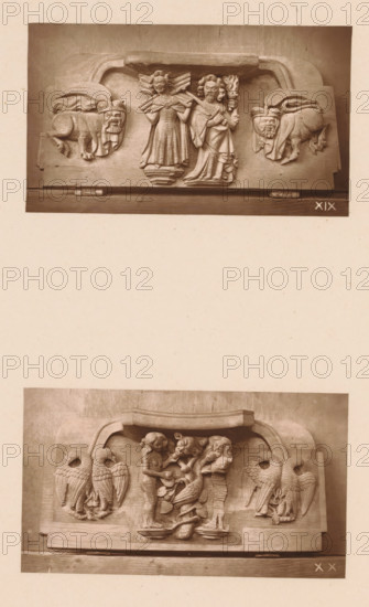 Two woodcarvings in Worcester Cathedral, page, photomechanical print, Above a woman and a man with a sword and torch between two fantastical creatures, below Adam and Eve eating from the tree of knowledge of good and evil among four birds., number: 'XIX, XX', c. 1863 - in or before 1873, paper, Woodburytype, Woodburytypie, height 306 mm x width 244 mm, interior of church, fabulous animals (sometimes wrongly called 'grotesques'), 'Mostri' (Ripa), Adam and Eve holding (and possibly eating) the fruit, carving, applied arts, A sepia-toned photograph shows two horizontal carved wooden panels mounted on a lighter background, each panel featuring raised sculptural reliefs. The top panel depicts two standing human figures in robes at its center, the left figure with wings behind and hands raised, the right figure holding a torch-like object and a staff, flanked on each side by stylized animal heads with curled bodies that face inward. The lower panel shows a central scene of two smaller human ...