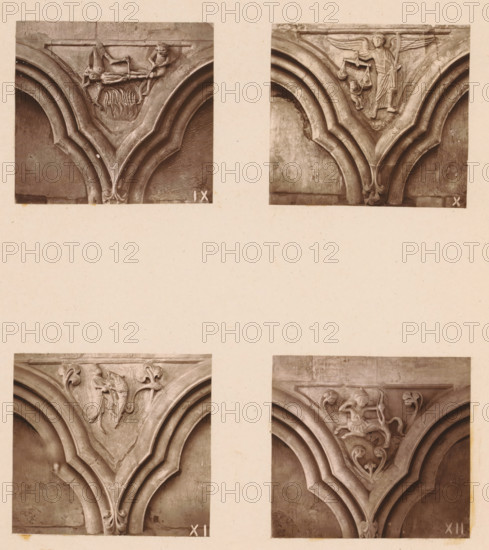 Four woodcarvings in an arcade of Worcester Cathedral, page, photomechanical print, Top left a sinner being roasted over a fire, top right an angel weighing souls, bottom left a man fighting a lion, bottom right a centaur with bow and arrow., number: 'IX, XII', c. 1863 - in or before 1873, paper, Woodburytype, Woodburytypie, height 305 mm x width 244 mm, interior of church, Sagittarius (zodiacal sign of November), psychostasis, the Archangel Michael weighing the souls in the scales (and stabbing the devil), carving, applied arts, The image shows four close-up photographs of carved stone architectural details arranged in a grid on a pale background. Each photograph captures a triangular section where curved ribbed arches converge toward an ornamental pendant. The top left photo features a carved scene with a horizontal beam and small figures above stylized flame-like foliage, with layered curved moldings framing the scene. The top right photo shows a winged figure holding a scale-like o...
