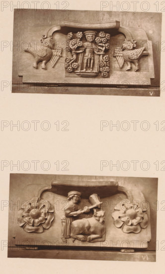 Two woodcarvings in Worcester Cathedral, page, photomechanical print, Above a knight with flowers between (presumably) two owls, below a man slaughtering an ox between two flowers., number: 'V, VI', c. 1863 - in or before 1873, paper, Woodburytype, Woodburytypie, height 306 mm x width 244 mm, interior of church, slaughtered ox or pig, knight, carving, applied arts, A vertical photograph showing two carved wooden panels separated by a blank area, each panel framed by a rectangular border and mounted on a lighter background; the top panel features a central carved figure standing between two stylized flowering branches with round blossoms and wearing a hat and long garment, flanked on each side by a winged bird with textured feathers and curled decorative elements near the head; the lower panel shows a carved standing figure holding an object over a reclining animal, with large stylized floral rosettes on either side and rounded architectural molding above both scenes, all carvings rende...