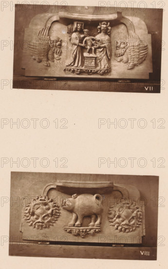 Two woodcarvings in Worcester Cathedral, page, photomechanical print, Above a couple with a nursing child (presumably Joseph and Mary with Christ) between two fantastical creatures, below a boar between two stylized suns., number: 'VII, VIII', c. 1863 - in or before 1873, paper, Woodburytype, Woodburytypie, height 306 mm x width 244 mm, interior of church, boar (male pig), nursing, suckling, carving, applied arts, A photograph shows two horizontal carved wooden panels mounted vertically on a pale background, the upper panel depicting three carved humanlike figures standing on a small raised platform flanked by stylized winged lion heads, and the lower panel showing a carved pig standing on a small pedestal with two ornate circular sunburst faces to its sides; both panels have decorative molding along their top edges and visible wood grain and mounting hardware at their bottoms.
