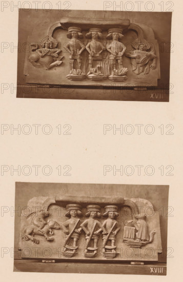 Two carvings in Worcester Cathedral, page, photomechanical print, Above three mowing figures between two fantasy creatures, below three figures with scythes between two fantasy creatures., number: 'XVII, XVIII', c. 1863 - in or before 1873, paper, Woodburytype, Woodburytypie, height 306 mm x width 244 mm, interior of church, reaping, picking, mowing, harvest, agricultural implements: scythe, carving, applied arts, A sepia-toned photograph shows two rectangular carved stone relief panels arranged vertically on a light background, each depicting a central group of three standing figures wearing wide-brimmed hats and buttoned garments, each with hands resting on long objects held vertically, standing on stylized plinths; the upper panel includes carved figures on either side with swirling hair and one holding a stringed instrument, while the lower panel shows a carved animal figure on the left with a rider and a standing robed figure on the right holding a similarly shaped object, both pa...