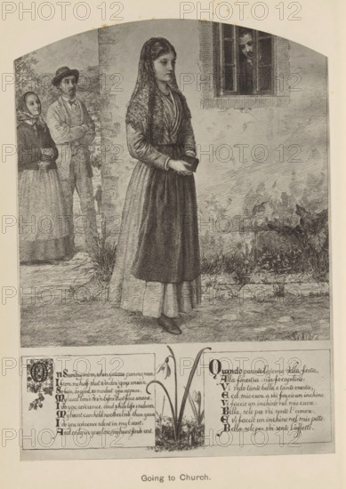Going to church, photograph, reproduction, page, photographer: Frederick Hollyer, after drawing by Francesca Alexander, c. 1875 - in or before 1885, paper, platinum process, height 228 mm x width 162 mm, prison, jail, prisoner, in fetters, A black and white engraved scene showing a young woman standing in the foreground wearing a long dress with an apron and a patterned shawl over her head and shoulders, holding a small book with both hands near her waist and looking slightly to the side; behind her to the left are two people standing near a stone wall, one wearing a bonnet and a shawl and the other wearing a hat and jacket with folded arms; to the right and higher on the wall a face looks out from a barred window; the setting includes a stone or plaster wall, a patch of grass and low plants at the base of the wall, and a paved or dirt ground beneath the figures, with decorative text panels and floral illustrations visible below the main image.