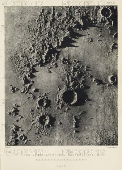 The lunar Apennines, Archemedes, &c., page, photomechanical print, number: 'Plate IX.', inscription: 'Scale.', name: 'Published by John Murray, Albemarle Street Piccadilly.', photographer: James Nasmyth, United Kingdom, cliché maker: anonymous, printer (person): Vincent Brooks, Day & Son, publisher: John Murray, London, c. 1870 - in or before 1873, printer (person), paper, Woodburytype, Woodburytypepie, height 200 mm x width 161 mm, Print for page 101., mountains, surface of the moon, Montes Apenninus, A grayscale aerial-style image of a rough, cratered surface with varied textures and shadows, showing raised rocky ridges, steep shadowed peaks, circular depressions with raised rims, scattered small pits, and elongated shadowed spires; the surface alternates between smoother flat areas and heavily pitted, rugged terrain, with fractures or faint linear grooves crossing parts of the scene, all framed by a pale border around the image.