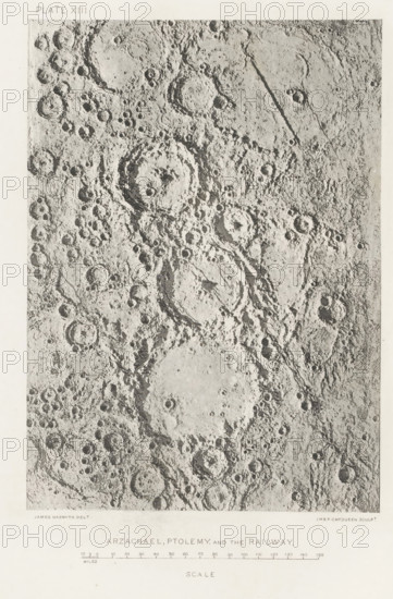 Arzachael, Ptolemy, and the Railway, print, page, inscription: 'Scale.', name: 'London John Murray, Albemarle Street 1873.', number: 'Plate XIII.', photographer: James Nasmyth, United Kingdom, printmaker: McQueen, JH & FC, publisher: John Murray, London, 1873, paper, lithography, height 182 mm x width 131 mm, Print for page 117., surface of the moon, Moon, A grayscale close-up image of a heavily cratered surface with numerous circular depressions of varying sizes, raised rims, shadowed interiors, and rough textured plains, showing clusters of small pits, overlapping larger craters, ridges, and linear grooves, with high-contrast shading that emphasizes depth and relief across the irregular terrain and a light background border framing the scene.