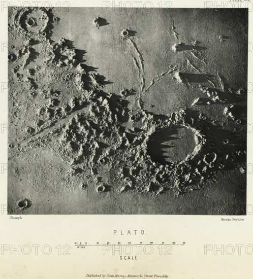 Plato, page, photomechanical print, name: 'Published by John Murray, Albemarle Street, Piccadilly.', number: 'Plate XIV.', inscription: 'Scale.', photographer: James Nasmyth, United Kingdom, cliché maker: anonymous, printer (person): Vincent Brooks, Day & Son, publisher: John Murray, London, c. 1870 - in or before 1873, printer (person), paper, Woodburytype, height 128 mm x width 147 mm, Print for page 121., surface of the moon, Moon, A high-contrast black and white aerial view showing a rough, cratered surface with varied textures and shadows; rugged mountainous ridges and jagged peaks cast elongated dark shadows across a flatter plain, where circular depressions with raised rims are visible and one large round basin displays a series of pointed shadowed formations along its inner edge; narrow sinuous channels or grooves run across the terrain linking several craters; areas of smooth, gently shaded surface contrast with densely pitted, rocky regions covered in small hollows and irregu...