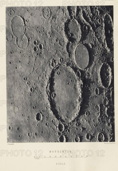 Wargentin, page, photomechanical print, inscription: 'Scale.', number: 'Plate Kingdom, publisher: John Murray, London, c. 1870 - in or before 1873, James Nasmyth, Vincent Brooks, Day & Son, John Murray, photographer, cliché maker, printer (person), publisher, United Kingdom, paper, Woodburytype, height 172 mm x width 137 mm, Print for page 133., surface of the moon, Moon, A grayscale aerial view showing a rough, cratered surface with many circular depressions of varying sizes and raised rims, some overlapping and clustered, casting shadows that emphasize their depth; the terrain includes smoother flat areas inside some craters, jagged ridges and textured ejecta surrounding others, and scattered small pits and grooves across the landscape, all framed by a narrow light border at the top and sides and a wider light margin at the bottom.