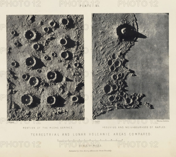 Terrestrial and lunar volcanic areas compared, page, photomechanical print, Left: a part of the surface around the crater Theophilus, right: Vesuvius and the surroundings of Naples seen from above., inscription: 'Portion of the Moon's surface. Vesuvius and neighbourhood of Naples.', name: 'Published by John Murray, Albemarle Street Piccadilly.', inscription: 'Scale of miles.', number: 'Plate VI.', photographer: James Nasmyth, United Kingdom, clichémaker: anonymous, printer (person): Vincent Brooks, Day & Son, publisher: John Murray, London, c. 1870 - in or before 1873, James Nasmyth, Vincent Brooks, John Murray, photographer, cliché maker, printer (person), publisher, paper, Woodburytype, Woodburytypepie, height 215 mm x width 279 mm, Prints for page 89., volcano, geological phenomena, surface of the moon, Moon, Two large rectangular grayscale images are placed side by side on a pale background with a vertical pale strip separating them; the left image shows a textured surface densely ...