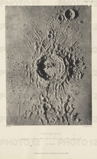 Copernicus, page, photomechanical print, name: 'Published by John Murray, Albemarle Street Piccadilly.', number: 'Plate VIII.', inscription: 'Scale', photographer: James Nasmyth, United Kingdom, cliché maker: anonymous, printer (person): Vincent Brooks, Day & Son, publisher: John Murray, London, c. 1870 - in or before 1873, printer (person), paper, Woodburytype, height 177 mm x width 126 mm, Print for page 97., surface of the moon, Moon, A grayscale aerial-style image of a rough, heavily cratered surface dominated by a large, circular central crater with raised, jagged rims and radial ejecta streaks extending outward; surrounding the main crater are numerous smaller circular depressions and overlapping crater rims of varying sizes, as well as rough, uneven terrain with ridges, grooves, and textured shadows that emphasize depth and rugged relief across the scene.