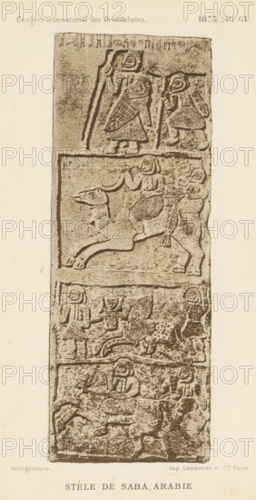 Bas-relief (presumably) on the Stela of Saba'a, Stele de Saba, Arabie, page, photomechanical print, cliché maker: anonymous, printer (person): Lemercier & Cie., Paris, c. 1871 - in or before 1876, Lemercier & Cie., photographer, cliché maker, printer (person), paper, photoaquatint, height 167 mm x width 63 mm, sculpture (relief, sculpture), upright gravestone, A tall rectangular stone slab with carved relief panels arranged vertically, each panel containing stylized humanlike figures and animals in profile. The top panel shows two standing figures holding long staffs, both wearing patterned garments and helmets with pronounced circular eye designs. The next panel down depicts a mounted figure on a long-necked animal, the rider seated with a patterned skirt and the animal shown with extended legs and a decorated harness, accompanied by a smaller standing figure behind. The middle panel contains several standing figures, one centrally positioned with raised arms and others beside it, all...