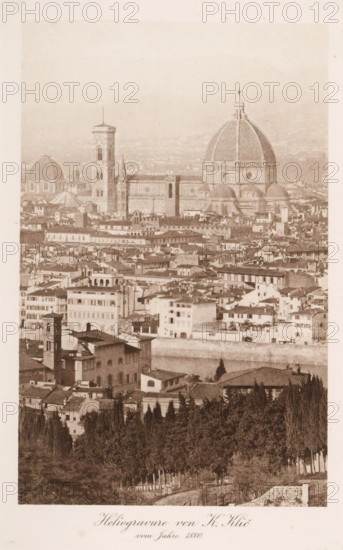 View of Florence, page, photomechanical print, number: 'Tafel VIII', photographer: Karel Klíc, Florence, cliché maker: anonymous, c. 1900 - in or before 1905, Tuscany, paper, photoaquatint, height 172 mm x width 110 mm, Print after page 484., city-view in general, 'veduta', A sepia-toned aerial view of a dense urban landscape dominated by a large cathedral with a prominent dome and adjacent bell tower, surrounded by numerous multi-story buildings with tiled roofs, narrow streets, and smaller domed structures; the foreground shows a line of tall, slender trees bordering a lower area with villas and gardened plots, and the midground and background are filled with tightly packed residential and historic buildings receding toward a hazy horizon.