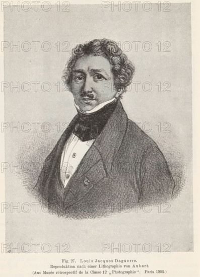 Photo reproduction of a print depicting a portrait of Louis Jacques Daguerre, Louis Jacques Daguerre, reproduction, page, photomechanical print, number: 'Fig. 27.', after print by Aubert & Cie., c. 1900 - in or before 1905, Aubert & Cie., after print by, paper, autotypie, height 140 mm x width 106 mm, Person, Louis Jacques Mandé Daguerre, portrait, self-portrait of photographer, A monochrome lithographic portrait of a man shown from the chest up, with curly hair and a narrow mustache, wearing a high-collared shirt and a dark cravat under a dark double-breasted coat, the figure set against a plain, lightly textured background and centered on a page that has a wide blank margin below.