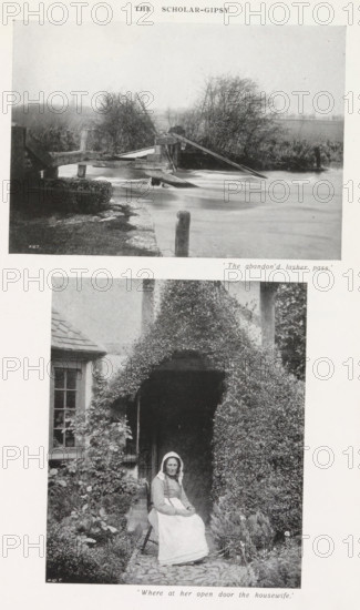 View of a river and an unknown woman in front of a house, page, photomechanical print, inscription: ''The abandon'd, the housewife.'', maker: Henry W. Taunt, United Kingdom, c. 1907 - in or before 1912, Henry W. Taunt, paper, autotypie, height 223 mm x width 143 mm, Prints on page 16., adult woman, river, housing, A vertically oriented page shows two black-and-white photographic scenes stacked one above the other. The top image depicts a river scene with a wooden water structure spanning the flowing water, with planks and beams angled over the surface and vegetation, including leafless bushes, along the far bank; a stone or concrete edge and a short post appear in the foreground beside the water. The lower image shows a seated woman wearing a head covering and layered clothing on a simple stool in front of a house entrance framed by dense, sculpted foliage forming an arch; a window and roof edge are visible to the left, and garden plants and a cobbled path surround the doorway.