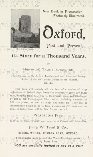 Old castle tower, page, photomechanical print, maker: Henry W. Taunt, Oxford, c. 1907 - in or before 1912, paper, autotypie, height 50 mm x width 38 mm, Print in the back of the book., towers, fortified city, castle, façade (of house or building), Oxford Castle, A vertically oriented aged paper page with a small rectangular black-and-white photograph of a stone tower and surrounding low buildings near the top left, a large decorative single-word heading in dark ornate type to the right, and multiple lines of printed text in various fonts and sizes arranged beneath, including a centered bold phrase in larger type, a narrow block of smaller text, and a bold line in the middle of the page; the paper shows slight discoloration and small speckles.