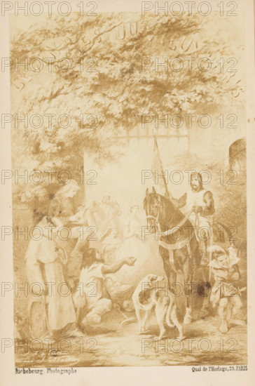 Photo reproduction of a drawing of a knight on a horse in front of a gate with people around him, Légendes du vieux Paris, photograph, reproduction, page, photographer: Pierre-Ambroise Richebourg, after drawing by anonymous, c. 1857 - in or before 1867, paper, albumen print, albumendruk, height 158 mm x width 104 mm, Photo opposite title page., knight, gate, entrance, Paris, A sepia-toned illustration showing a group of people and animals beneath a large leafy tree, with a knight in armor mounted on a dark horse near the center holding a banner, a young boy standing nearby tugging at his garment, a dog with a curled tail facing away from the viewer in the foreground, several seated and standing figures clustered to the left including a robed man leaning forward and a reclining figure reaching out, and a faint architectural opening or gate visible behind the scene.