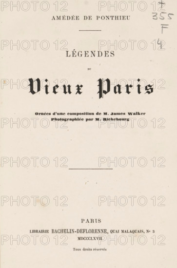 Légendes du vieux Paris, book, writer (clerical worker): Amédée de Ponthieu, printer (person): Jules Bonaventure, Paris, publisher: Librairie Bachelin-Deflorenne, 1867, writer (clerical worker), printer (person), paper, albumen print, height 185 mm x width 120 mm x thickness 25 mm, A cream-colored page with a central decorative horizontal line and various printed elements arranged vertically, including a large ornate blackletter title near the top center, smaller serif lines above and below it, and additional smaller printed lines toward the middle and lower portion of the page; there are light age spots and tiny speckles scattered across the page, a faint pencil annotation along the right edge, and a few darker smudges and blemishes near the lower left area.