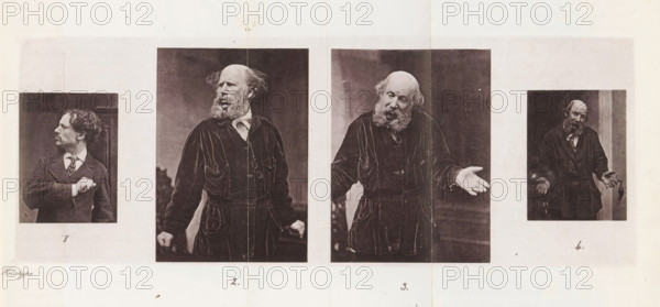 Four portraits of unknown men presumably showing helplessness, page, photomechanical print, number: 'Pl. VI. 1. 2. 3. 4.', c. 1862 - in or before 1872, paper, photoaquatint, height 226 mm x width 285 mm, Prints opposite page 270., passions, emotions, affections, Weakness, Powerlessness, Helplessness, 'Infermità' (Ripa), A wide rectangular print shows four portrait photographs arranged horizontally on a pale background, each portrait framed by a darker rectangle. The leftmost portrait depicts a younger man in a dark jacket and patterned neckwear, turned in profile with his gaze to the left and one hand raised near his chest. The second portrait from the left shows an older bearded man with a balding head and tousled hair, wearing a dark buttoned garment with visible pockets and a pair of spectacles hanging at his chest, standing with clenched hands at his sides and mouth slightly open. The third portrait features the same older bearded man facing slightly toward the viewer with one hand...
