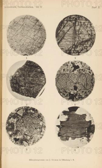 Six microscopic enlargements of minerals, page, photomechanical print, Image 1 is calcite, 2 is hypersthene, 3 is anatase, 4 is nepheline, 5 is dacite, and 6 is granite., number: 'Tafel Greifswald, cliché maker: J. Grimm, Offenburg, c. 1880 - in or before 1885, Emil Cohen, J. Grimm, photographer, cliché maker, Baden-Württemberg, Mecklenburg-Vorpommern, Greifswald, paper, collotype, photoprint, height 233 mm x width 149 mm, minerals and metals, A vertical sheet with a light background contains six circular black-and-white close-up images arranged in two columns and three rows, each circle showing varied textured patterns. The top left circle shows a grid-like mosaic of intersecting straight lines forming irregular rectangular blocks. The top right circle displays layered striations and diagonal fractures crossing horizontal banding. The middle left circle contains a darker irregular fragment with rough granular texture and subtle linear markings along its surface. The middle right circl...
