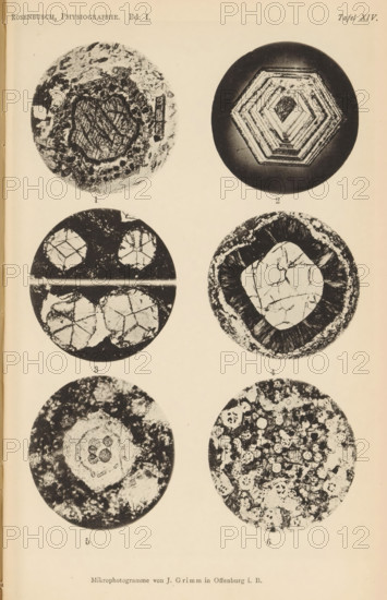 Six microscopic enlargements of minerals, page, photomechanical print, Image 1 is augite and magnetite, 2, 3 and 4 is garnet, 5 is leucite and 6 is leucite., number: 'Tafel XIV', number: '1, 6', photographer: Emil Cohen, Greifswald, cliché maker: J. Grimm, Offenburg, c. 1880 - in or before 1885, Baden-Württemberg, Mecklenburg-Vorpommern, paper, collotype, photoprint, height 233 mm x width 149 mm, minerals and metals, A cream-colored page shows six circular black-and-white microscopic images arranged in two vertical columns and three rows, each circle containing distinct textured patterns; the top left circle has irregular mottled regions with a central textured core and surrounding speckling, the top right circle features a concentric hexagonal layered pattern with a darker outer ring, the middle left circle displays four segmented lighter shapes against a dark background with a horizontal bright band crossing near its center, the middle right circle contains a lighter central irregula...