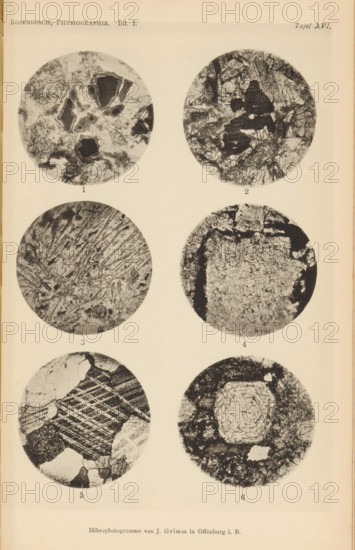 Six microscopic enlargements of minerals, page, photomechanical print, Image 1 is titanite, 2 is augite, 3 is norite, 4 is tridymite, 5 is calcite and 6 is nepheline., number: '1, 6', number: 'Tafel XVI', photographer: Emil Cohen, Greifswald, cliché maker: J. Grimm, Offenburg, c. 1880 - in or before 1885, Baden-Württemberg, Mecklenburg-Vorpommern, paper, collotype, photoprint, height 233 mm x width 149 mm, minerals and metals, A vertical page showing six circular black and white photomicrograph images arranged in two columns and three rows on a light background, each circle containing varied grainy and textured patterns with irregular dark shapes, lines, and mottled areas; the top left circle shows angular dark fragments within a lighter mottled field, the top right circle shows a darker clustered shape amid a network of fine lines, the middle left circle shows radiating linear streaks and scattered darker spots, the middle right circle shows a dense textured central area bordered by a...