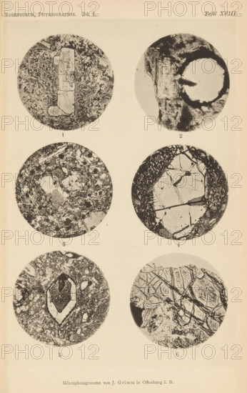 Six microscopic enlargements of minerals, page, photomechanical print, Image 1 is enstatite, 2 is olivine, 3 is nepheline basalt, 4 is basalt, 5 is olivine and 6 is olivine., number: '1, 6', number: 'Tafel XVIII', photographer: Emil Cohen, Greifswald, cliché maker: J. Grimm, Offenburg, c. 1880 - in or before 1885, Baden-Württemberg, Mecklenburg-Vorpommern, paper, collotype, photoprint, height 233 mm x width 149 mm, minerals and metals, A vertically oriented page shows six circular black-and-white photomicrographs arranged in two columns and three rows, each circle containing varied textured patterns and shapes resembling mineral or rock thin-section textures; the top left circle has a central elongated rectangular shape with rough surrounding granular texture, the top right circle shows a large irregular light area adjacent to darker textured regions, the middle left circle contains a complex mix of lighter and darker angular fragments within a speckled matrix, the middle right circle ...