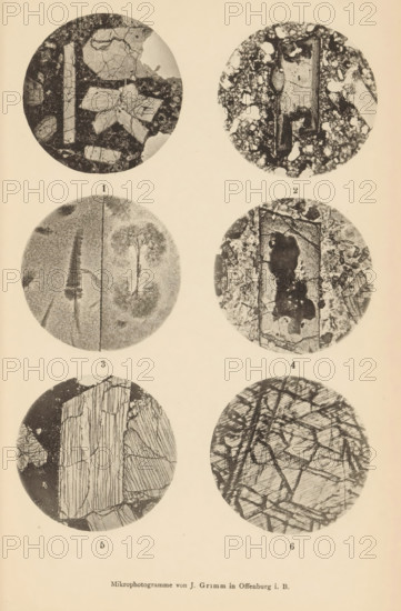 Six microscopic enlargements of minerals, page, photomechanical print, Image 1 2, 3, 4 and 5 is augite, 6 is diopside., number: '1, 6', number: 'Tafel XX', photographer: Emil Cohen, Greifswald, cliché maker: J. Grimm, Offenburg, c. 1880 - in or before 1885, Baden-Württemberg, Mecklenburg-Vorpommern, paper, collotype, photoprint, height 233 mm x width 149 mm, minerals and metals, The image shows a vertical arrangement of six circular black-and-white microphotograph discs on a light background, organized in three rows and two columns; each disc contains textured, high-contrast patterns of mineral-like or cellular structures with varying cracks, grainy clusters, elongated rectangular shapes, and irregular dark patches; the top left disc contains angular fragments and a vertical bar, the top right disc shows a central elongated block surrounded by a speckled matrix, the middle left disc displays a faint central divider with radial and featherlike textures on either side, the middle right d...