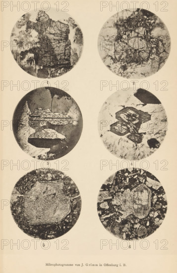 Six microscopic enlargements of minerals, page, photomechanical print, Image 1 is augite, 2 is augite, 3 is amphibolite, 4 is quartz diorite, 5 and 6 is uralite., number: 'Tafel XXI', number: '1, 6', photographer: Emil Cohen, Greifswald, cliché maker: J. Grimm, Offenburg, c. 1880 - in or before 1885, Baden-Württemberg, Mecklenburg-Vorpommern, paper, collotype, photoprint, height 233 mm x width 149 mm, minerals and metals, A vertical sheet showing six circular black and white photographic images arranged in two columns and three rows, each circle containing textured, high-contrast patterns resembling irregular surfaces and layered structures with cracks, veins, and granular areas, the top left circle showing a dark irregular mass with vertical striations and mottled lighter areas, the top right circle displaying a round area with fine branching lines and cloudy lighter patches around it, the middle left circle containing layered plate-like shapes with crosshatched surfaces set against a...