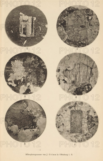 Six microscopic magnifications of minerals, page, photomechanical print, Image 1 is sanidine and plagioclase, 2 is sanidine and phonolite, 3 is orthoclase and plagioclase, 4 is orthoclase, 5 is orthoclase and 6 is orthoclase., number: '1, 6', number: 'Tafel XXIV', photographer: Emil Cohen, Greifswald, cliché maker: J. Grimm, Offenburg, c. 1880 - in or before 1885, Baden-Württemberg, Mecklenburg-Vorpommern, paper, collotype, photoprint, height 233 mm x width 149 mm, minerals and metals, A vertical page showing six circular grayscale close-up images arranged in two columns and three rows on a pale background, each circle containing varied textured patterns and irregular shapes with grainy, speckled, and striated areas, the top-left circle featuring a central rectangular fragment with parallel lines and mottled surrounding specks, the top-right circle showing a roughly rectangular lighter area with surrounding darker, cracked textures, the middle-left circle displaying an irregular cluste...