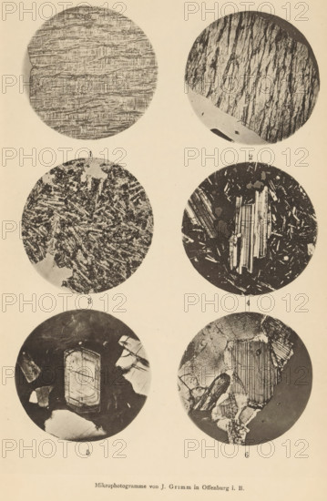Six microscopic enlargements of minerals, page, photomechanical print, Image 1 is microcline, 2 is microcline and albite, 3, 4, 5 and 6 is plagioclase., number: '1, 6', number: 'Tafel XXV', photographer: Emil Cohen, Greifswald, cliché maker: J. Grimm, Offenburg, c. 1880 - in or before 1885, Baden-Württemberg, Mecklenburg-Vorpommern, paper, collotype, photoprint, height 233 mm x width 149 mm, minerals and metals, A vertical sheet shows six circular black-and-white close-up images arranged in two columns and three rows, each circle containing different textured patterns and shapes; the top left circle displays horizontal layered striations with uneven edges, the top right circle shows diagonal streaked textures with a lighter wedge cutting across its lower portion, the middle left circle contains a dense, fragmented network of angular shards and mottled dark areas, the middle right circle features a dark background with lighter elongated rectangular and needle-like fragments clustered to...