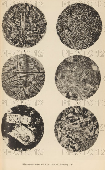 Six microscopic magnifications of minerals, page, photomechanical print, Image 1 is olivine in basalt, 2 is trichite and magnetite in glass basalt, 3 is augite in bitumen, 4 is feldspar in trachyte, 5 is feldspar in augite and 6 is minette., number: '1, 6', number: 'Tafel III', photographer: Emil Cohen, Greifswald, cliché maker: J. Grimm, Offenburg, c. 1880 - in or before 1885, Baden-Württemberg, Mecklenburg-Vorpommern, paper, collotype, photoprint, height 233 mm x width 149 mm, minerals and metals, A vertical sheet showing six circular black-and-white photomicrograph images arranged in two columns and three rows on a light background, each circle containing textured, irregular patterns and grainy contrasts; small dark numerals appear beneath each circle; a line of printed text is centered near the bottom of the sheet.