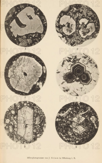 Six microscopic enlargements of minerals, page, photomechanical print, Image 1 is quartz, 2 is nosean, 3 is melaphyry, 4 is melanite in phonolite, 5 is augite and 6 is augite in nephelinite., number: 'Tafel V', number: '1, 6', photographer: Emil Cohen, Greifswald, cliché maker: J. Grimm, Offenburg, c. 1880 - in or before 1885, Baden-Württemberg, Mecklenburg-Vorpommern, paper, collotype, photoprint, height 233 mm x width 149 mm, minerals and metals, A vertical page showing six circular black-and-white close-up images arranged in two columns and three rows against a pale background, each circle containing textured mineral or rock patterns with varying internal shapes and contrasts; the top left circle has a large irregular pale patch with darker fragmented border and small cracks, the top right circle contains three rounded pale clusters with dark centers surrounded by a speckled matrix, the middle left circle shows a roughly hexagonal pale area with fine radial lines and a dark rim, the...