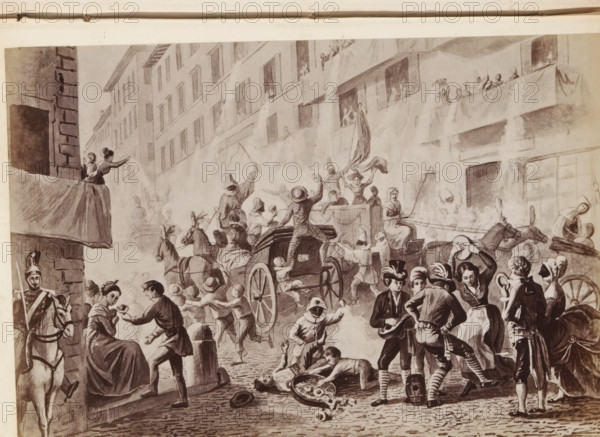 Photo reproduction of a drawing of carnival in Via del Corso in Rome, photograph, reproduction, page, after drawing by anonymous, c. 1850 - in or before 1860, photographer, paper, albumen print, albumendruk, height 95 mm x width 136 mm, periodic celebrations, popular feasts, Rome, Via del Corso, A crowded street scene in a muted monochrome palette shows people, horses, and carriages in animated motion against a row of multi-story buildings with open windows and shutters where figures lean and look out; in the foreground several men and women wear period clothing with hats and cloaks, some dancing or gesturing while others carry instruments, a mounted soldier sits at the left edge, and a woman sits on a step accepting something from a man; nearer the center a carriage packed with riders is surrounded by moving figures including children pulling and pushing, a man perched on the carriage shakes his arm upward, and a fallen basket of round objects and scattered items lies on the cobbled s...