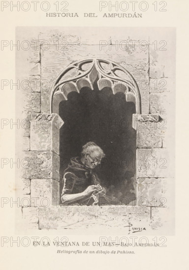 Photo reproduction of a drawing depicting a figure in a window, En la ventana de un mas-Bajo Ampurdán, reproduction, page, photomechanical print, inscription: 'Portal de Santa Catalina', Catalonia, after drawing by Pahissa, c. 1873 - in or before 1883, paper, collotype, photoprint, height 132 mm x width 100 mm, human figure at (open) window, seen from outside, A monochrome illustration showing a stone window with an arched tracery at the top and carved blocks forming the frame, a dark interior beyond the arch, and a seated figure leaning at the windowsill knitting with yarn, wearing glasses and a hooded garment; the stone surfaces display textured lines and shading, and a small artist signature appears near the lower right of the interior.