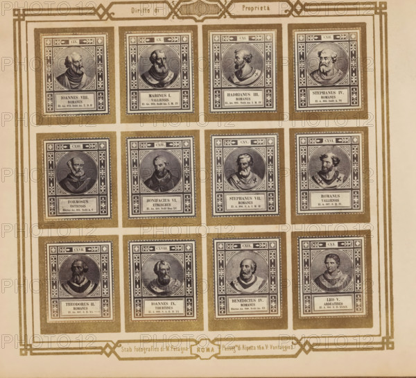 Photo reproduction of twelve portraits of popes, photograph, reproduction, page, photographer: M. Petagna, Rome, after sculpture by anonymous, c. 1854 - in or before 1864, after sculpture by, paper, albumen print, height 187 mm x width 210 mm, pope, A grid of framed rectangular portraits printed on aged paper, each framed portrait set within decorative borders and mounted on darker rectangular mats, showing engraved busts of men in classical or clerical robes with varied facial hair and head shapes, each portrait centered in an ornamental square with floral and geometric corner designs, arranged in rows and columns with narrow separations, all contained within a larger decorative border that runs along the edges of the paper.