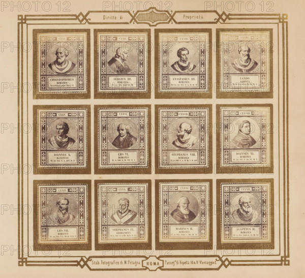 Photo reproduction of twelve portraits of popes, photograph, reproduction, page, photographer: M. Petagna, Rome, after sculpture by anonymous, c. 1854 - in or before 1864, after sculpture by, paper, albumen print, height 187 mm x width 210 mm, pope, A grid of rectangular framed portraits arranged in rows and columns on a beige background, each frame containing an engraved oval portrait of a man shown from the shoulders up with decorative patterned borders and a small rectangular caption block beneath each portrait, the portraits vary in facial hair and head orientation and show men wearing robes or clerical garments, the frames are set within a double-line geometric border that runs around the entire sheet and there is ornate corner detailing and a decorative cartouche centered at the bottom of the page.
