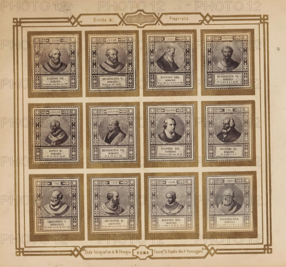 Photo reproduction of twelve portraits of popes, photograph, reproduction, page, photographer: M. Petagna, Rome, after sculpture by anonymous, c. 1854 - in or before 1864, after sculpture by, paper, albumen print, height 187 mm x width 210 mm, pope, A grid of framed rectangular portraits arranged in rows and columns fills the image, each portrait set within an ornate decorative border and mounted on a textured background with a darker outer frame; the portraits depict head-and-shoulder engraved busts of men in historical attire, many with beards and robes, shown in various poses facing forward or in profile, each portrait area featuring corner floral motifs and geometric patterns; the sheet is bordered by double-lined decorative margins with corner embellishments, and a horizontal decorative band runs along the bottom containing a small central shield-like cartouche and additional ornamental lines.